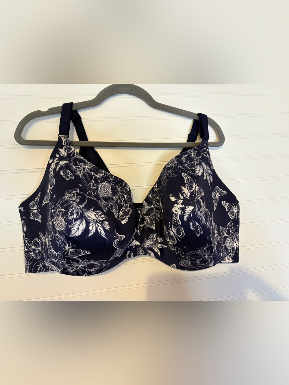 Cacique Navy Bra with White Floral & Butterfly Print Lightly Lined Bra